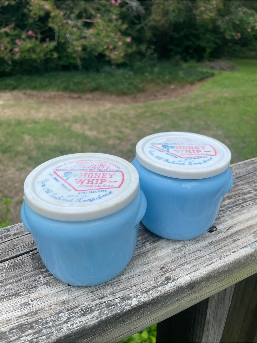 Vintage Walker’s Honey Whip Glasbake jars with original plastic lids 1950s-60s.